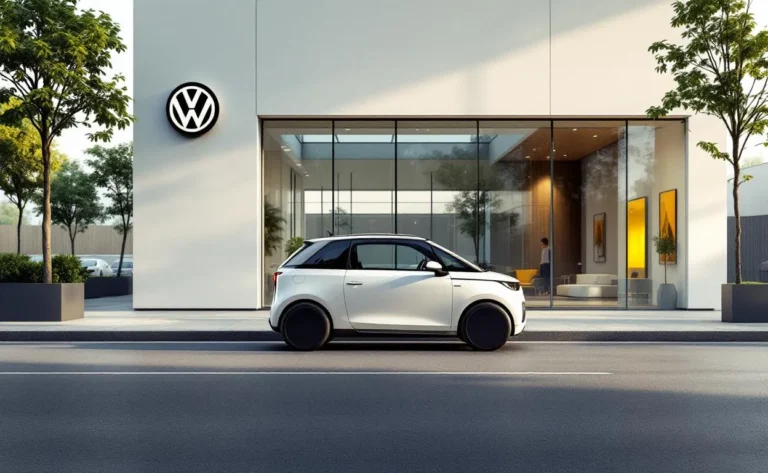 Une microcar Volkswagen est garée devant une concession automobile.