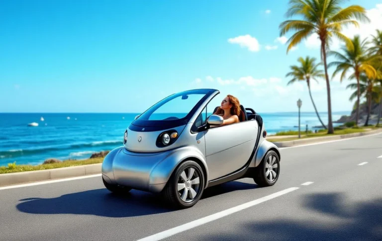 Microcar cabriolet roulant sur une route longeant la côte.