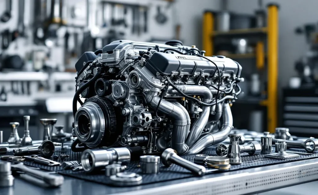 Moteur Opel turbo exposé sur un présentoir.