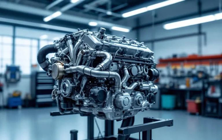 Un moteur moderne mis en valeur par un éclairage intense.
