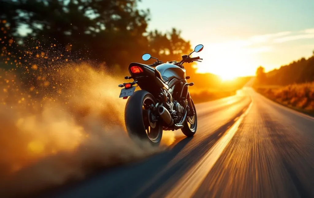 Une moto traverse un chemin poussiéreux à l’aube.