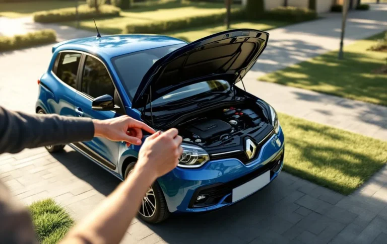 Une personne ouvre le capot d’une Renault Twingo.