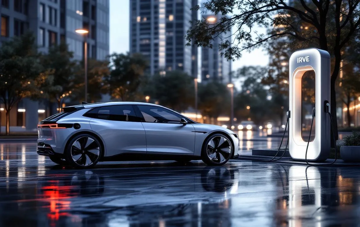 Voiture électrique branchée à une borne de recharge la nuit dans une rue urbaine éclairée.
