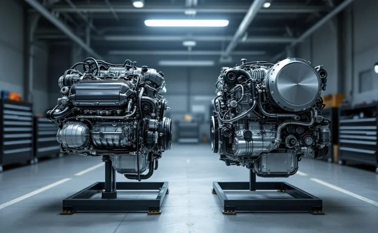 Deux moteurs de voitures Renault et Mercedes sont exposés côte à côte.