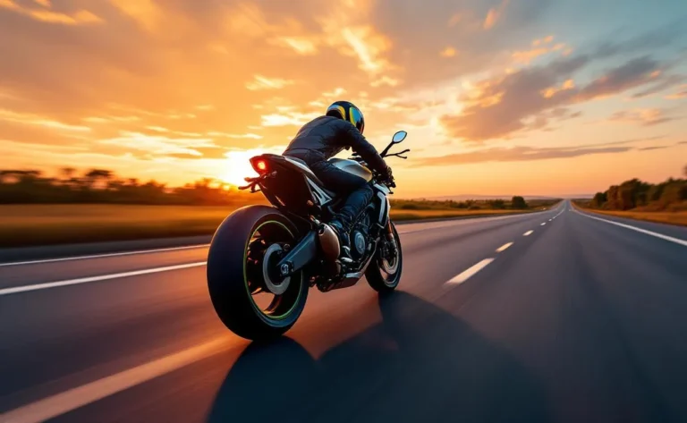 Une supermoto roule rapidement au crépuscule sur une route.