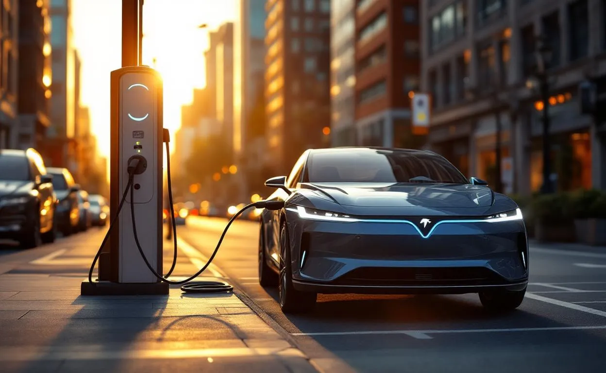 Voiture hybride branchée à une borne de recharge en ville.