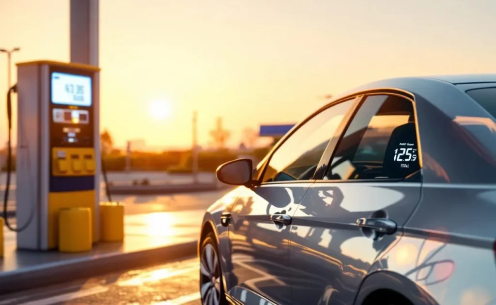 Une Volkswagen Polo stationne à l’extérieur sous le ciel du crépuscule.