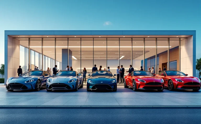 Façade d’une concession Bervas Automobiles moderne, avec des voitures neuves alignées à l’extérieur et des silhouettes de clients visibles dans le showroom lumineux.