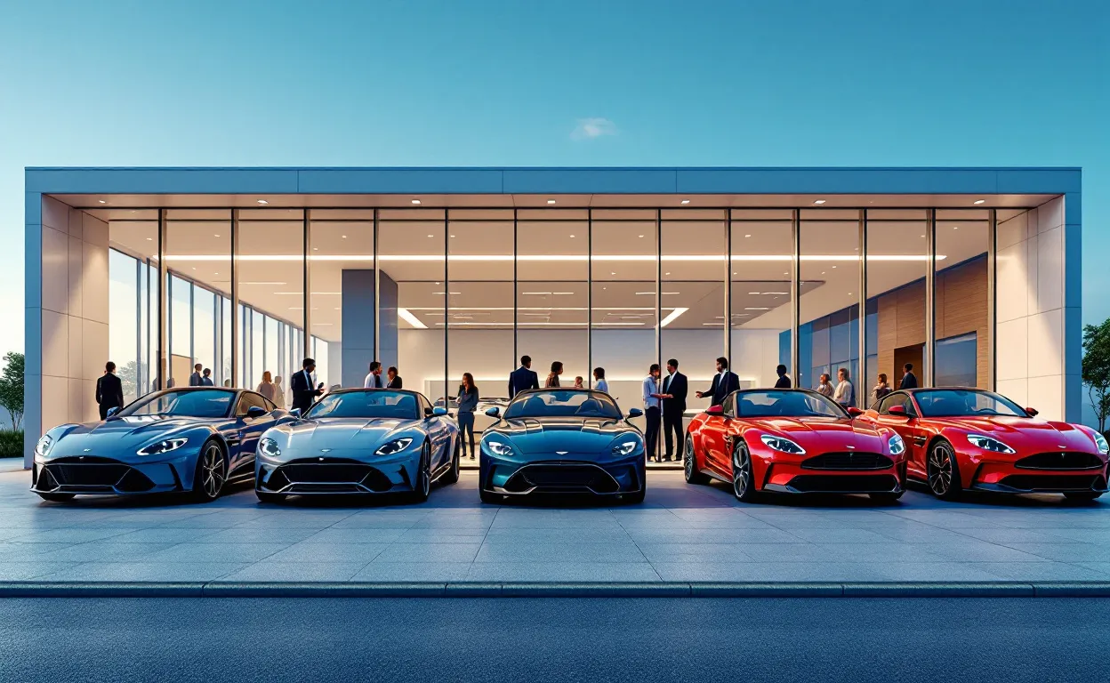 Façade d’une concession Bervas Automobiles moderne, avec des voitures neuves alignées à l’extérieur et des silhouettes de clients visibles dans le showroom lumineux.