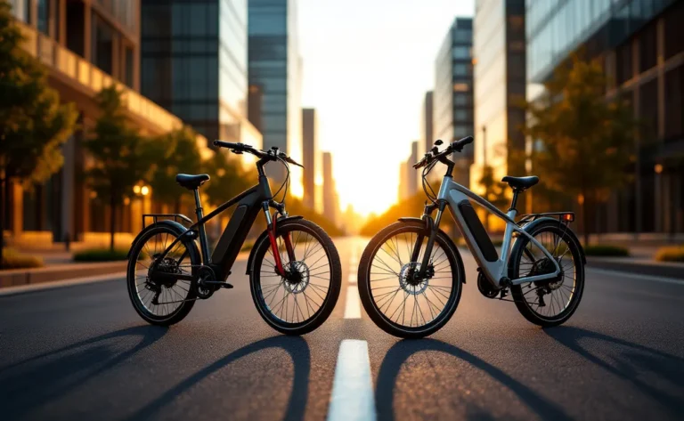 Deux vélos électriques modernes, Engwe L20 3.0 Pro et Boost, stationnés côte à côte sur une rue urbaine vide au coucher du soleil avec de longues ombres.