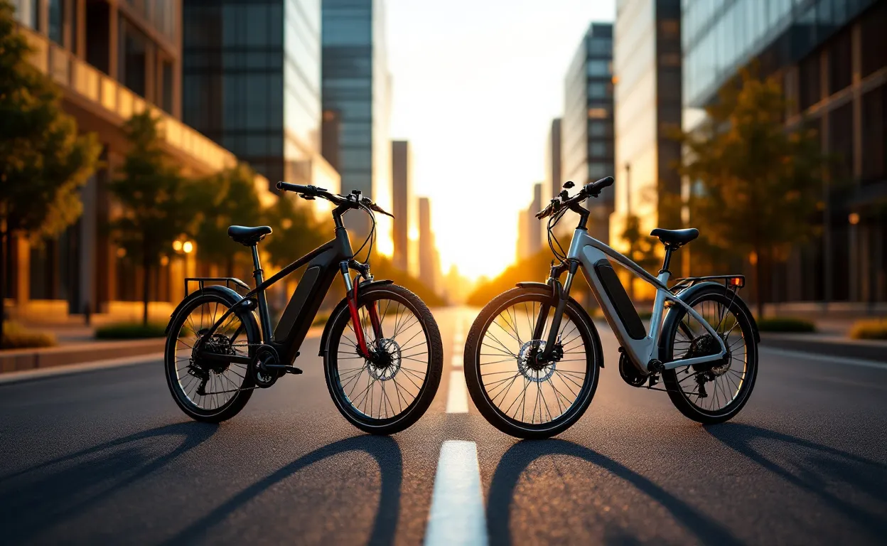 Deux vélos électriques modernes, Engwe L20 3.0 Pro et Boost, stationnés côte à côte sur une rue urbaine vide au coucher du soleil avec de longues ombres.