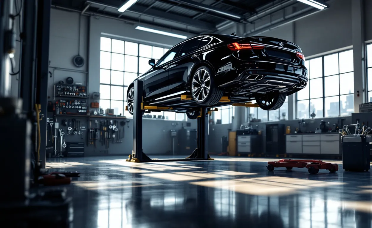 Un garage automobile lumineux et spacieux avec une voiture sur un pont élévateur et des outils rangés sur des établis, baigné par la lumière du soleil через de grandes fenêtres.