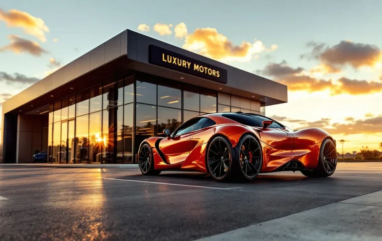 Une McLaren 720S orange métallisée est garée devant une concession de luxe au coucher du soleil.