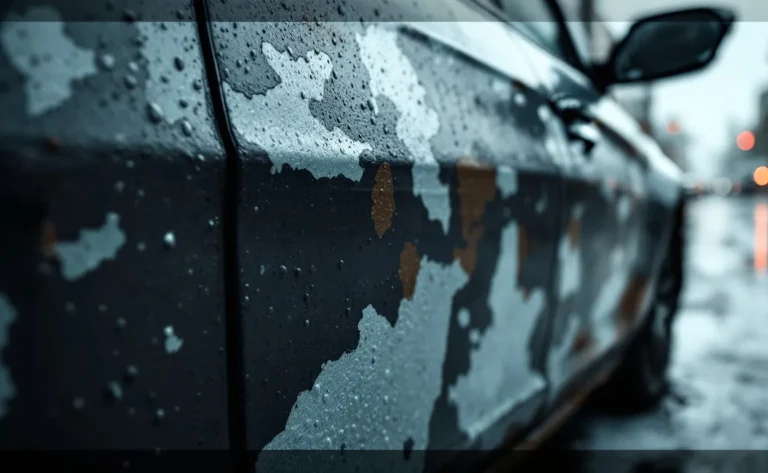 Portière de voiture avec peinture écaillée laissant apparaître le métal, garée sous la pluie dans une rue urbaine grisâtre.