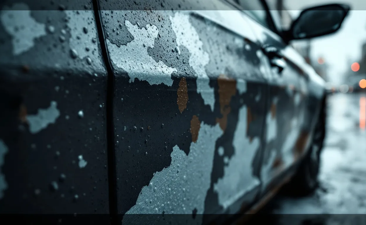 Portière de voiture avec peinture écaillée laissant apparaître le métal, garée sous la pluie dans une rue urbaine grisâtre.