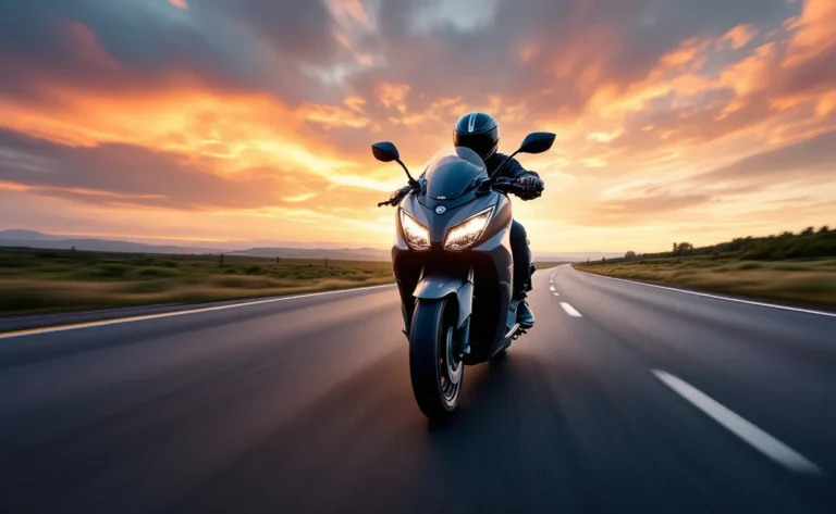 Un scooter Yamaha XMAX 125 roule à vive allure sur une autoroute au crépuscule avec un ciel dramatique et un effet de flou en arrière-plan.