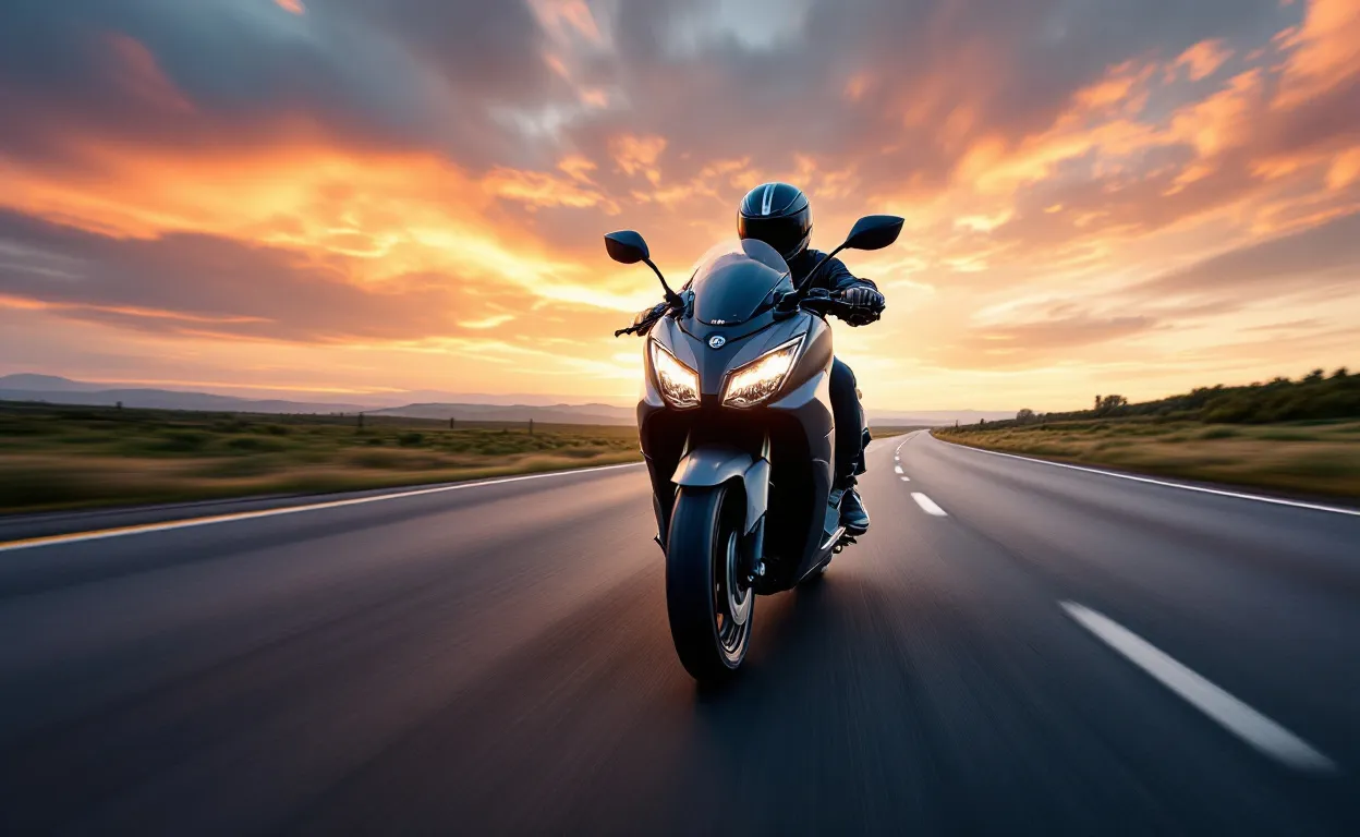 Un scooter Yamaha XMAX 125 roule à vive allure sur une autoroute au crépuscule avec un ciel dramatique et un effet de flou en arrière-plan.