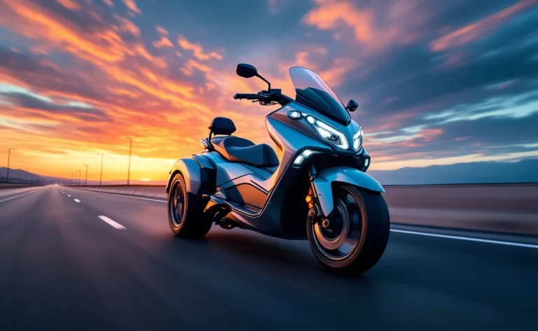Un scooter Piaggio MP3 530 à trois roues roule sur une autoroute au coucher du soleil, avec des reflets colorés sur sa carrosserie métallique.