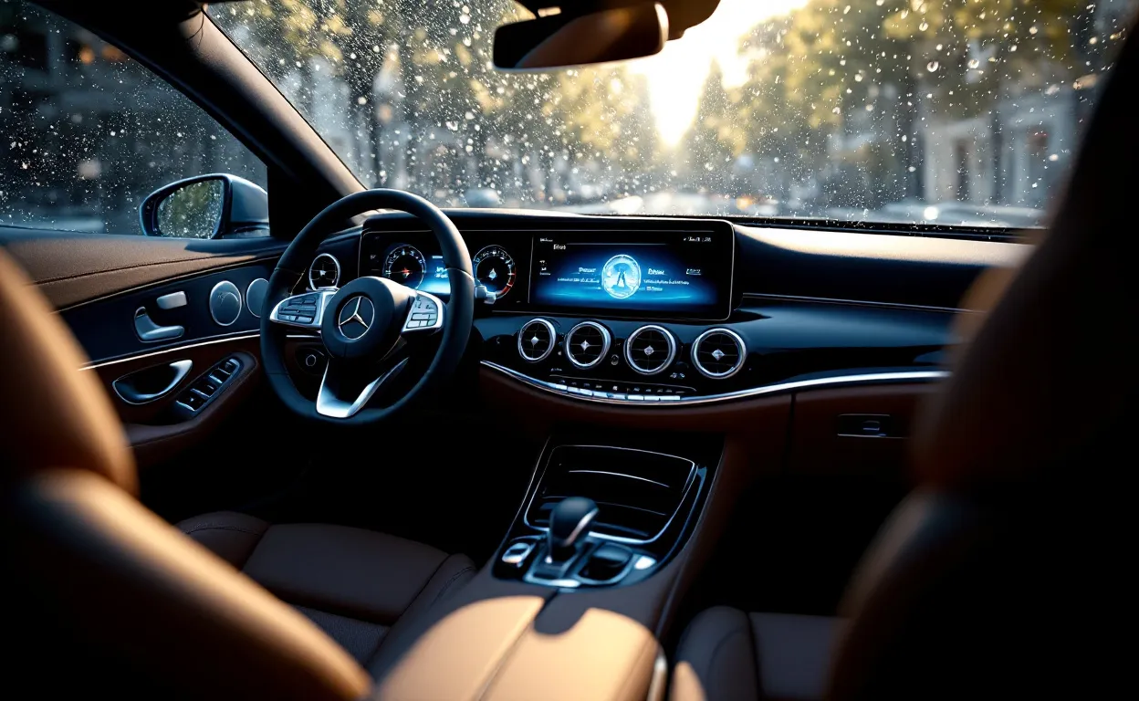 Intérieur photoréaliste d’une Mercedes Classe A avec les écrans du tableau de bord allumés, affichant une alerte Pre Safe tandis que la lumière du soleil filtre à travers les vitres mouchetées de pluie.