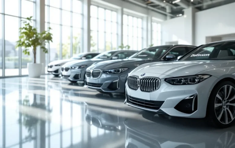 Un showroom intérieur lumineux expose des voitures peu kilométrées alignées, chacune portant une étiquette Distinxion sur le pare-brise.