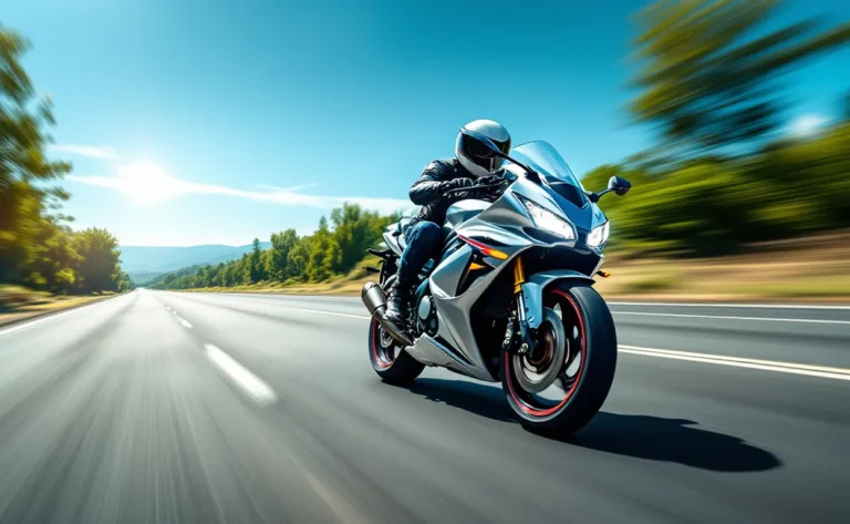 Une moto Suzuki GSX-S 125 roule à vive allure sur une autoroute ensoleillée avec un paysage flou en arrière-plan.