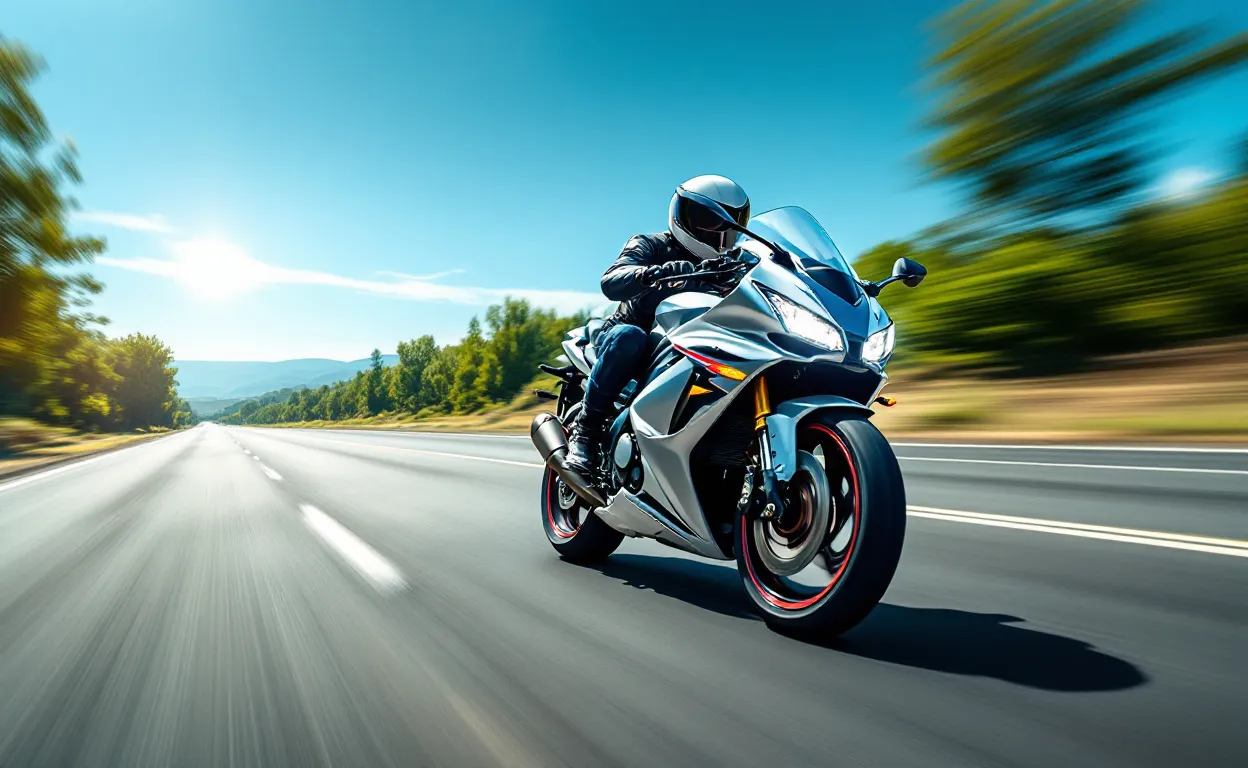 Une moto Suzuki GSX-S 125 roule à vive allure sur une autoroute ensoleillée avec un paysage flou en arrière-plan.