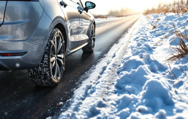 Une voiture est garée sur une route où un côté enneigé et l’autre sec met en valeur ses pneus quatre saisons.