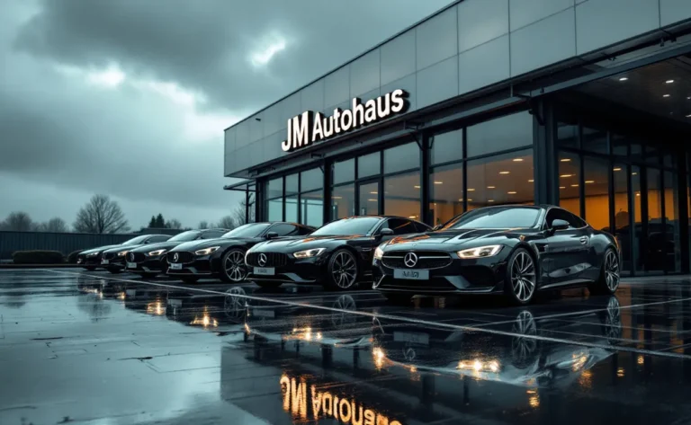 Des voitures d'occasion alignées devant la concession JM Autohaus sous un ciel nuageux, avec le sol mouillé reflétant les véhicules.