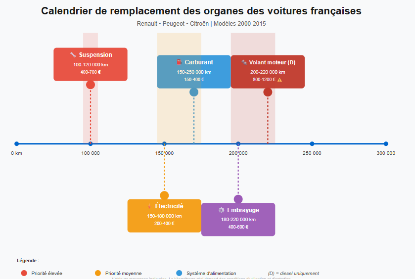 Calendrier qui illustre les remplacements à faire sur une voiture qui a 200 000 km