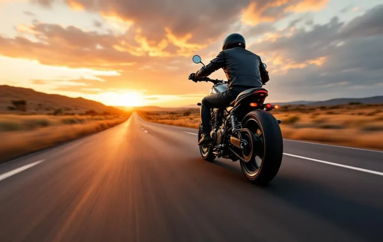 Une moto Hyosung Bobber 125 roule rapidement sur une autoroute vide au coucher du soleil avec un paysage flou en arrière-plan.