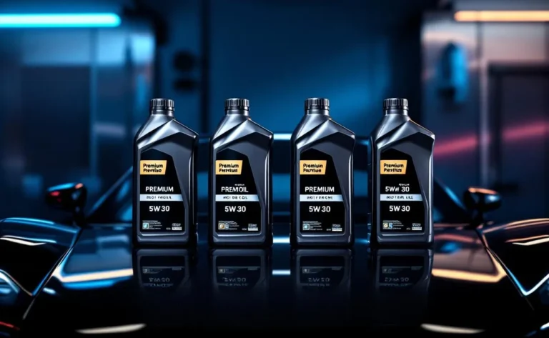 Quatre bouteilles d’huile moteur 5W30 aux étiquettes variées sont posées sur le capot d’une voiture dans un garage aux tons métalliques bleus et argentés.