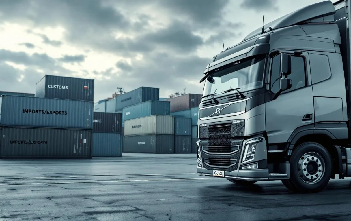 Un camion de marchandises est garé près d’un port animé avec des conteneurs aux drapeaux variés et un panneau de douane sous un ciel nuageux.
