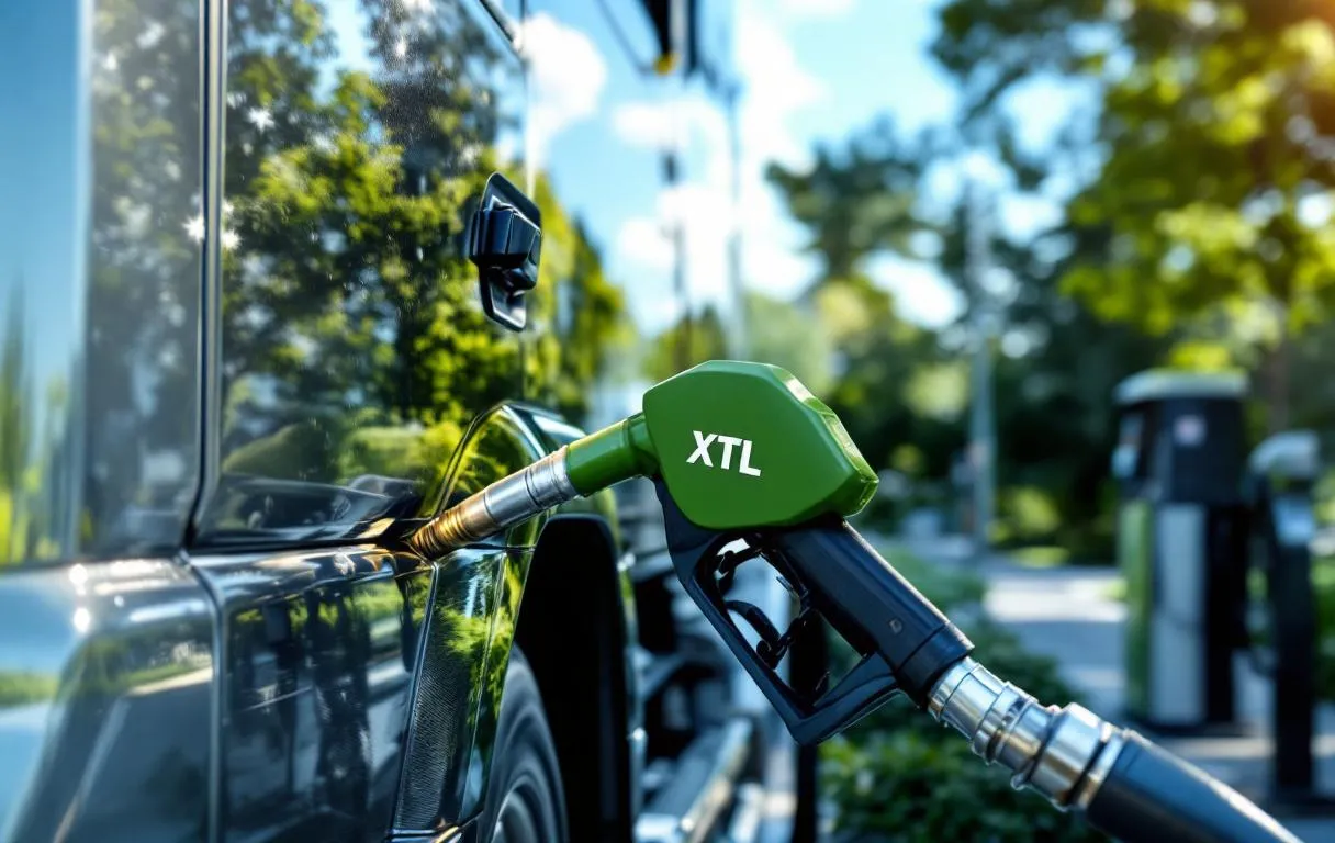 Un camion diesel moderne est ravitaillé avec un pistolet marqué XTL, la carrosserie reflétant une végétation abondante.