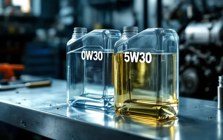 Deux bidons transparents d’huile moteur 0W30 et 5W30 posés côte à côte sur un établi métallique devant un moteur légèrement flou.