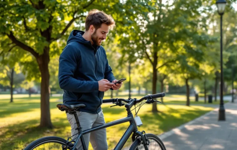 Un cycliste enregistre son vélo avec une étiquette Recobike dans un parc urbain, tenant un smartphone près du cadre sous la lumière du soleil filtrant à travers les arbres.