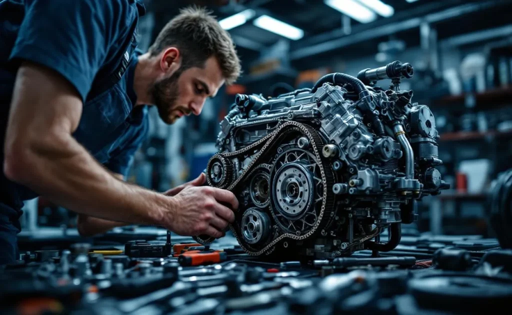 Un mécanicien examine un moteur 1.6 HDi avec chaîne de distribution et arbre à cames visibles sur un établi entouré d’outils, dans une lumière d’atelier douce.