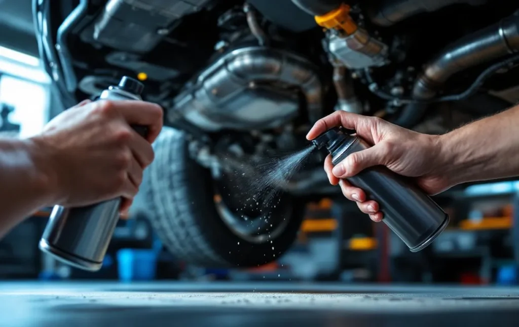 Nettoyage délicat d’un catalyseur de voiture avec un spray spécialisé sous une voiture dans un garage bien éclairé.
