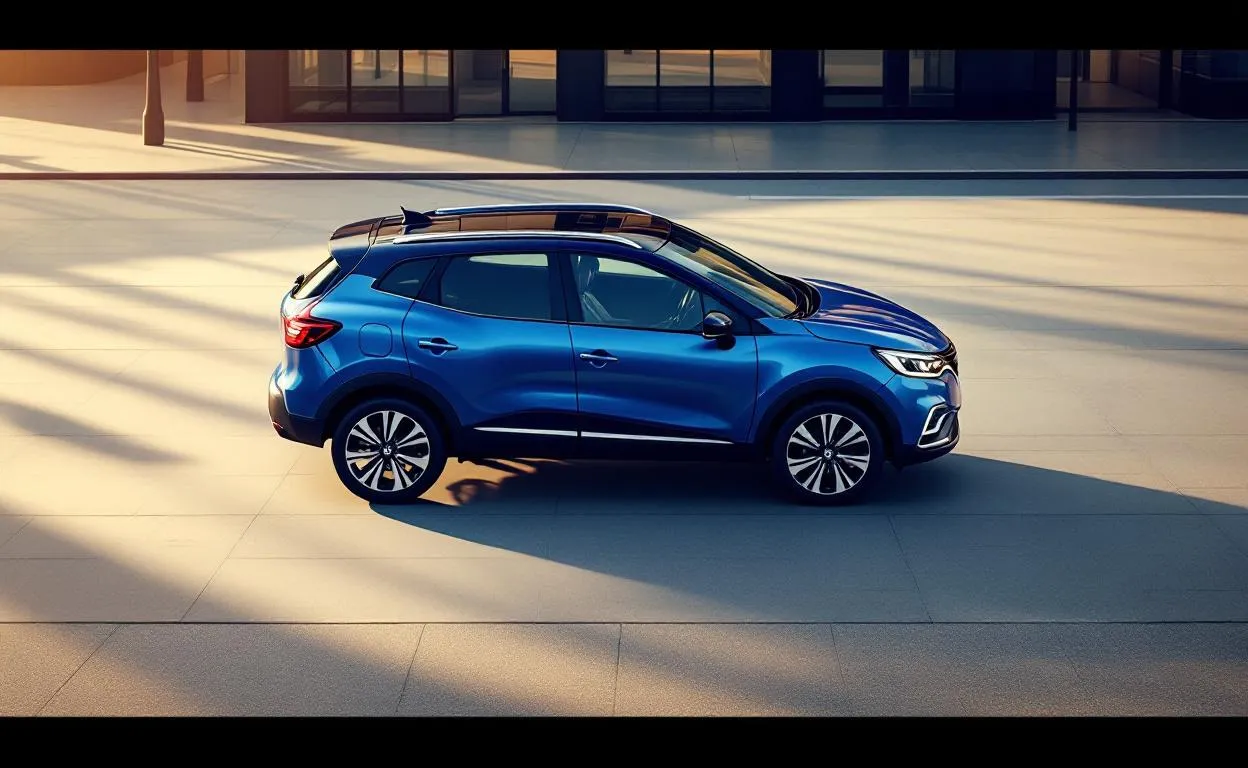 Une Renault Kadjar 2019 bleu métallisé est stationnée de profil sur une rue citadine ensoleillée, mettant en valeur ses dimensions et ses reflets.