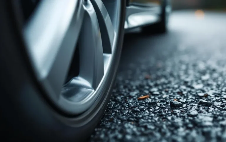 Gros plan sur une roue de voiture en mouvement sur une route asphaltée avec reflets métalliques sur le joint homocinétique et une lumière tamisée.