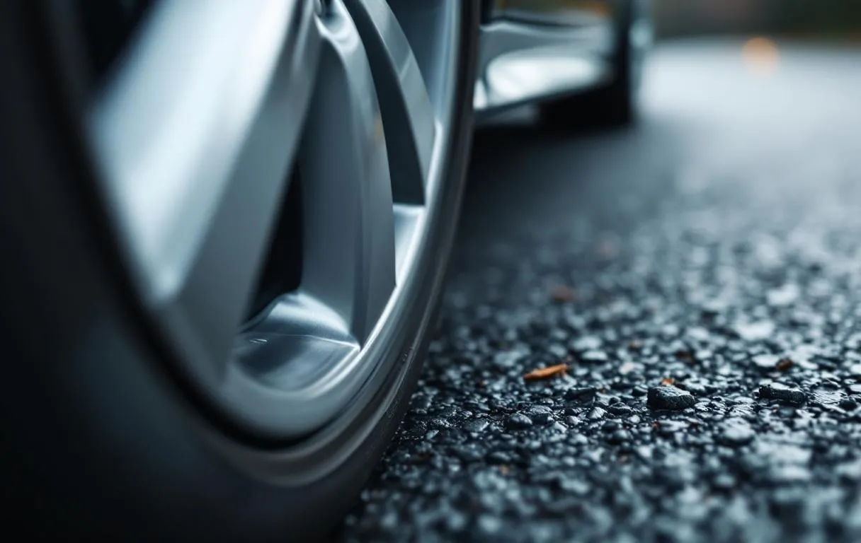 Gros plan sur une roue de voiture en mouvement sur une route asphaltée avec reflets métalliques sur le joint homocinétique et une lumière tamisée.