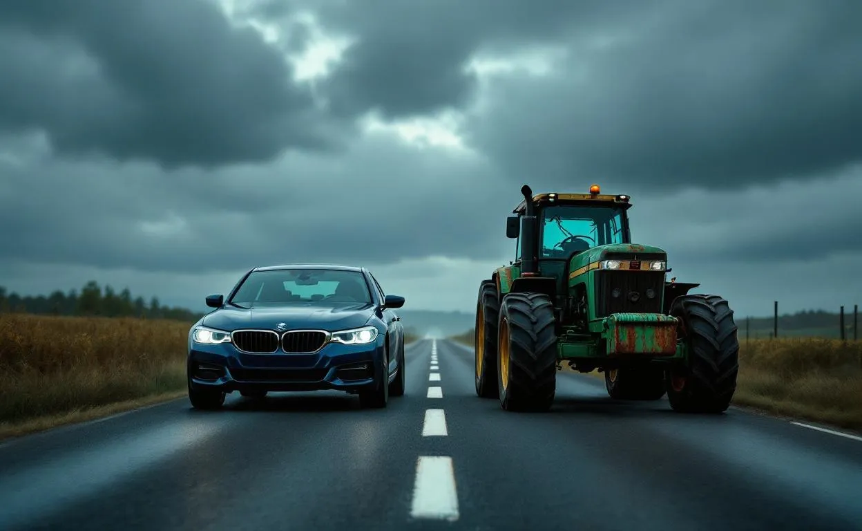 Une voiture suit de près un tracteur vert lent sur une route rurale à ligne blanche continue sous un ciel sombre.