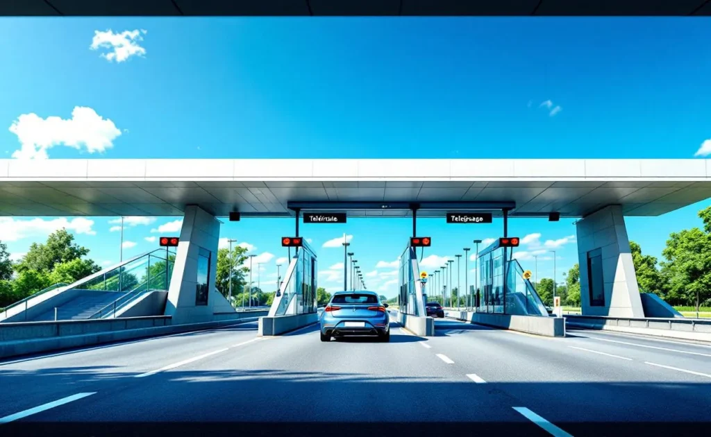 Un péage autoroutier moderne en France sous un ciel bleu, avec une voiture passant par la voie télépéage et un badge Cofiroute visible sur le pare-brise.