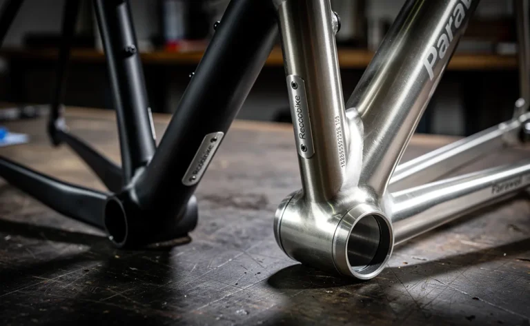 Deux cadres de vélo modernes côte à côte sur une table, chacun gravé d’une étiquette de sécurité Recobike ou Paravol, éclairés par une lumière accentuant les reflets métalliques.