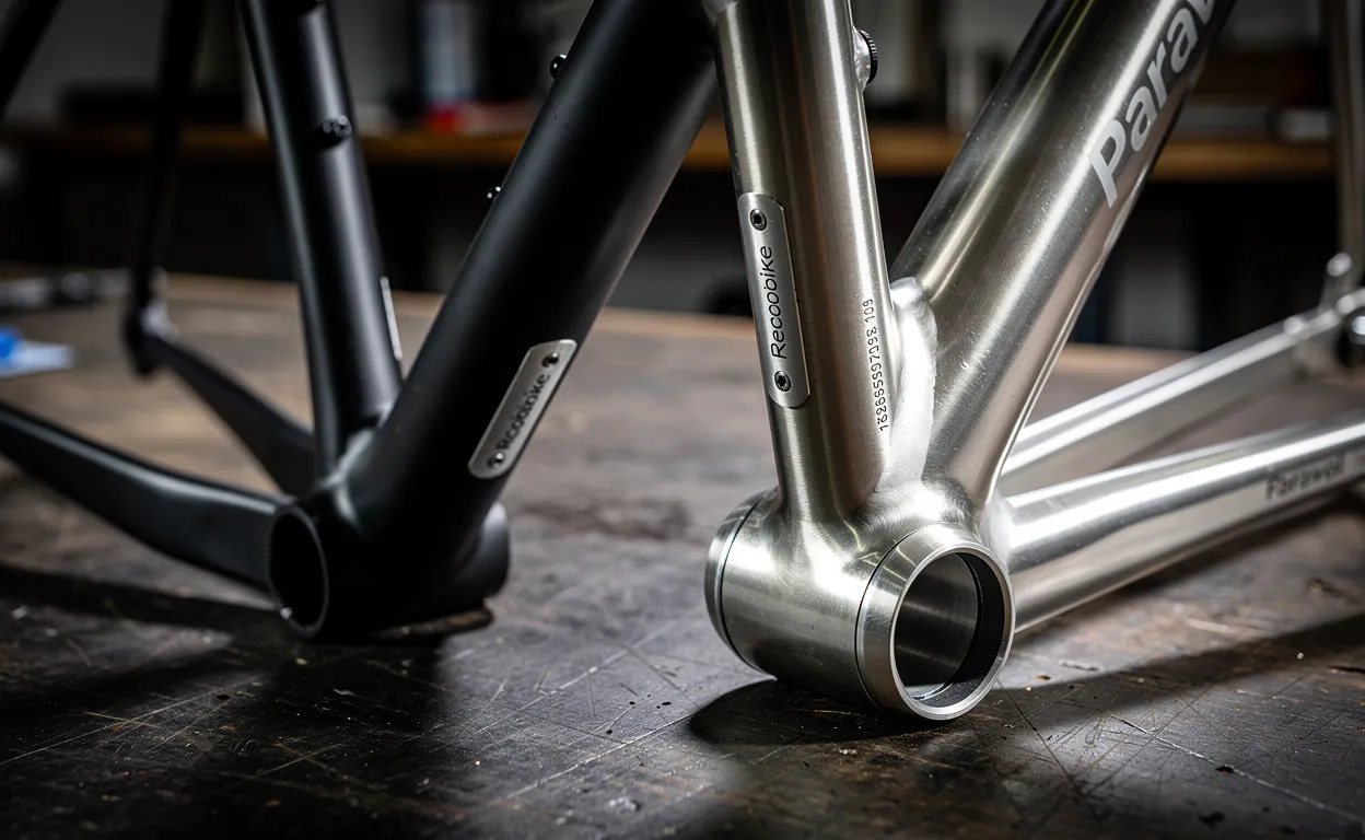 Deux cadres de vélo modernes côte à côte sur une table, chacun gravé d’une étiquette de sécurité Recobike ou Paravol, éclairés par une lumière accentuant les reflets métalliques.