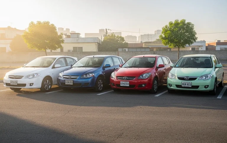 Cinq voitures automatiques d’occasion aux couleurs variées sont garées côte à côte sur un parking urbain éclairé par la lumière matinale.