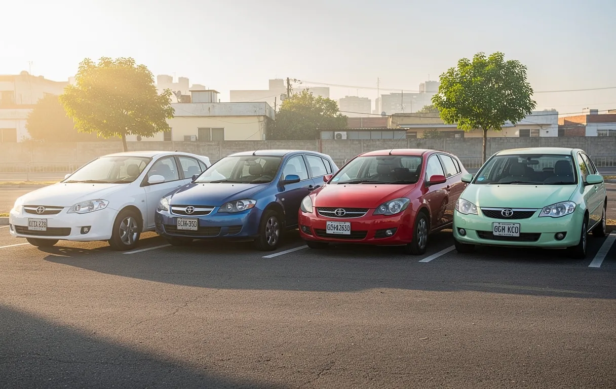Cinq voitures automatiques d’occasion aux couleurs variées sont garées côte à côte sur un parking urbain éclairé par la lumière matinale.