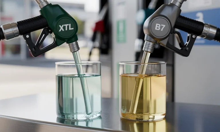 Deux pistolets de station-service, marqués XTL et B7, versent des carburants de couleurs différentes dans des récipients transparents en plein jour.
