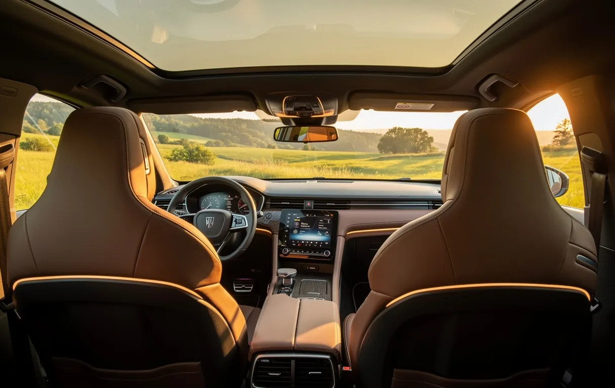 Intérieur moderne d’une voiture avec sièges ergonomiques et éclairage tamisé, stationnée dans un paysage verdoyant sous une lumière dorée.
