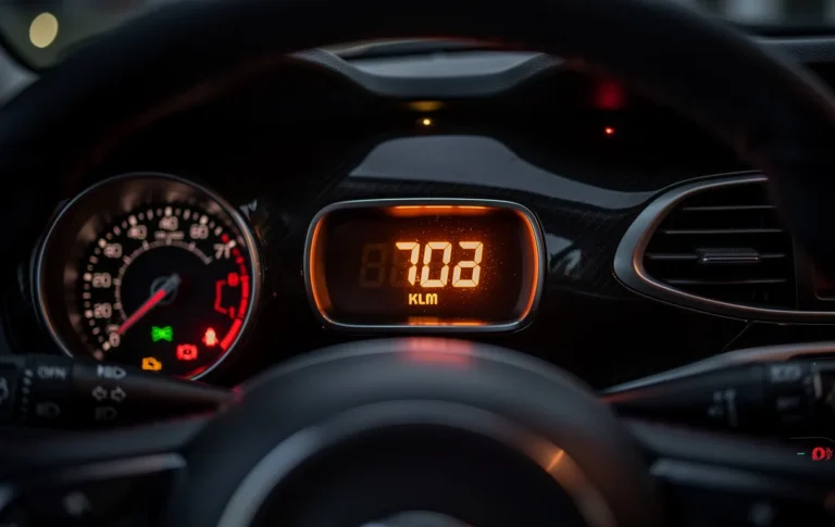 Tableau de bord d’une Fiat la nuit avec l’odomètre digital affichant des chiffres orange et des voyants lumineux diffus.