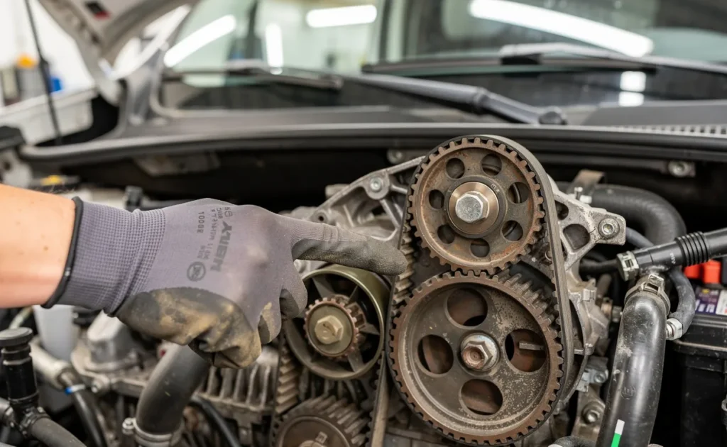 Un mécanicien ganté montre la courroie de distribution sous le capot ouvert d'une Renault Kangoo 1.5 DCI 90 éclairée dans un atelier.